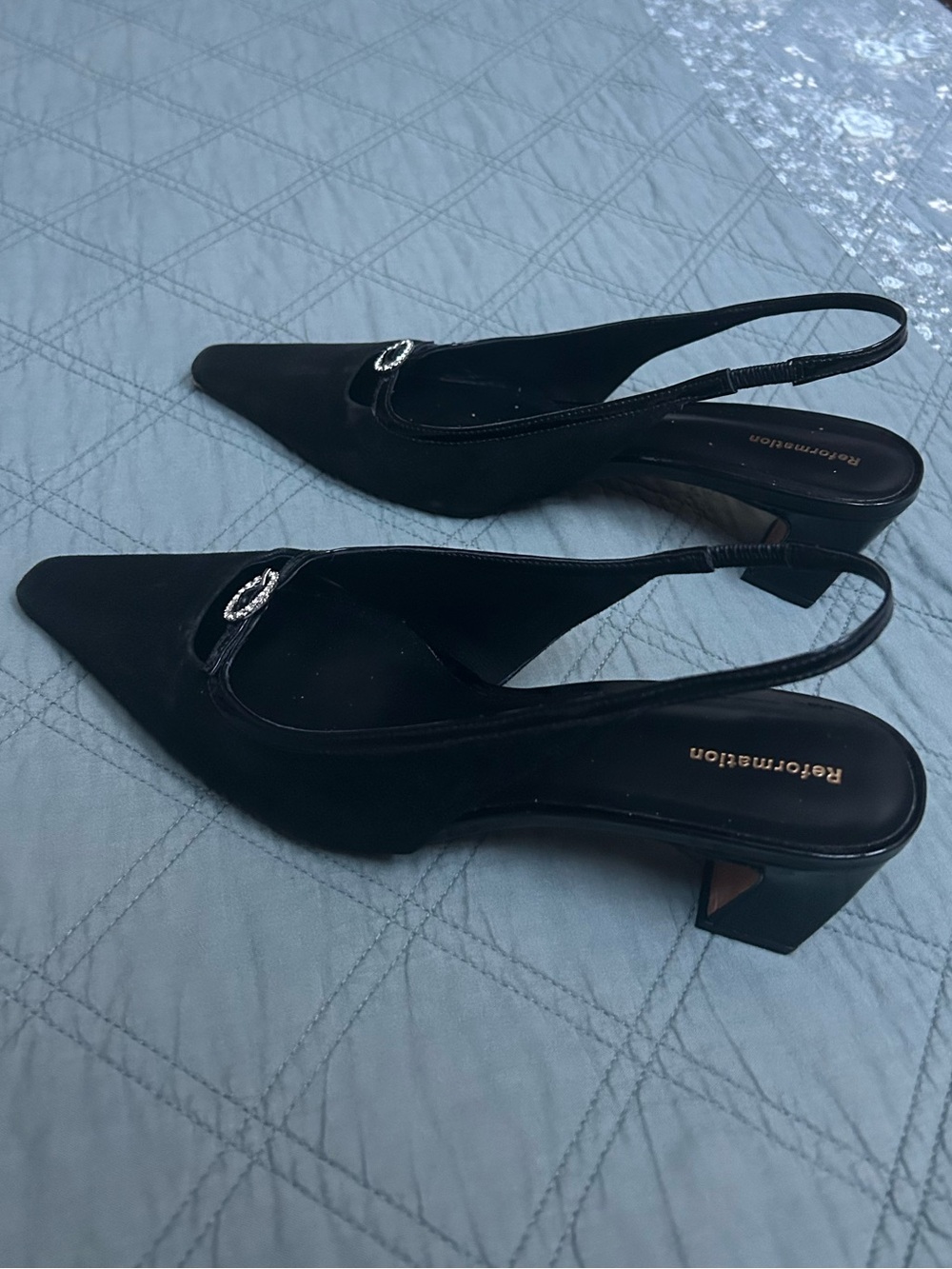 Reformation Nazanin Slingback Heel - Black Suede Pointed Block Kitten Heel - Picture 3 of 5